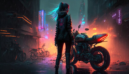 Wall Mural - Young girl  - Biker on an Futuristic motorcycle. Evening futuristic city in background. Neon urban future. Wallpaper in a cyberpunk style Post-processed generative AI	