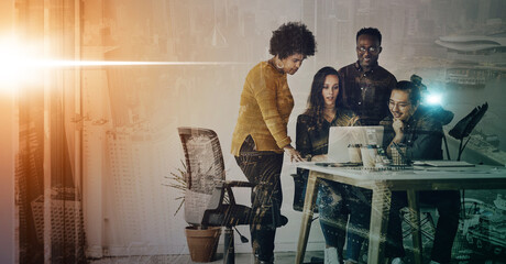 Leinwandbilder - Teamwork, overlay and business people with laptop for planning, strategy and brainstorming ideas in office. Collaboration, 3d hologram and workers on computer for research, website and networking