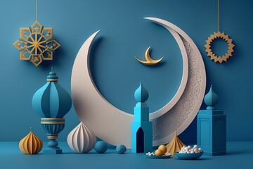 Ramadan kareem Illustration 3D Render on Soft Blue Color