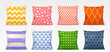 Color square pillows realistic vector illustration. Cotton decorative cushion with pattern rhombuses and triangles, dots and zigzag, striped pad front view, set isolated on transparent background