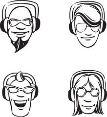 Wall Mural - whiteboard drawing set of dj heads enjoying music - PNG image with transparent background