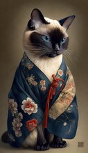 Photo Shoot Of Unique Breathtaking Cultural Apparel: Elegant Siamese Cat In A Traditional Japanese Kimono With Obi Sash And Beautiful Eye-catching Patterns Like Men, Women, And Kids (generative AI)