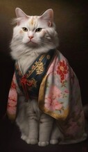Photo Shoot Of Unique Breathtaking Cultural Apparel: Elegant Turkish Angora Cat In A Traditional Japanese Kimono With Obi Sash And Beautiful Eye-catching Patterns Like Men, Women, And Kids
