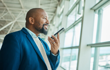 Wall Mural - Black man, phone call and communication at airport window for business travel or trip waiting for flight. African American male traveler smile for conversation, voice note or discussion on smartphone