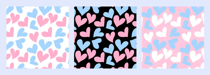 Poster - Valentine's day holiday background set. Love, romantic wedding design. Black and white heart seamless pattern illustration. Cute pink hearts baby print.