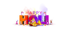 Holi Festival Fun Background. Happy Holi 3D Text With Colors Splash And People Playing And Celebrating Holi Illustration.