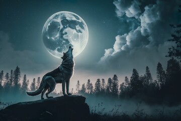 Wall Mural - Wolf howling on a cliff in the full moon