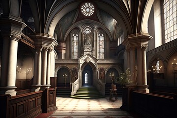 gothic church interior with rosace and pew