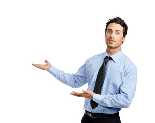 A handsome sale person or an executive in formal dress presenting copy space isolated on a png background