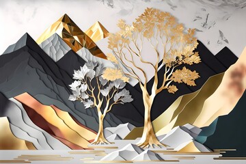 Wall Mural - Drawing modern Landscape art 3d mural wallpaper. leaves tree, golden lines, golden sun and gray mountain, colorful marble background