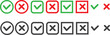 © Paolo - Checkmark icons set for web design. Accept v button, decline x cross button for Ui design. Flat buttons with red and green background. Answers for test questions with right and wrong options.