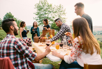 Canvas Print - Group of friends spending time making a picnic and a barbeque