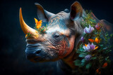 Fototapeta  - Beautiful rhino in a colorful floral portrait, surrounded by nature - Generative AI
