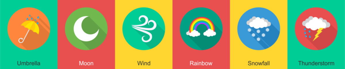 A set of 6 Weather icons as umbrella, moon, wind