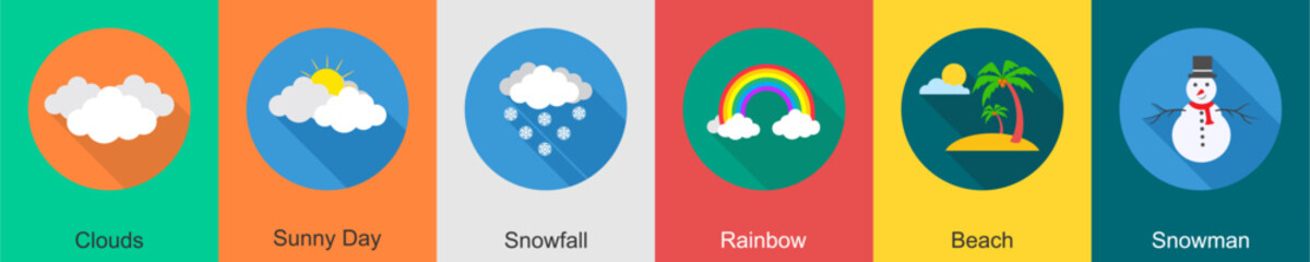 A set of 6 Weather icons as clouds, sunny day, snowfall