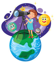Wall Mural - girl observing the sky through telescope