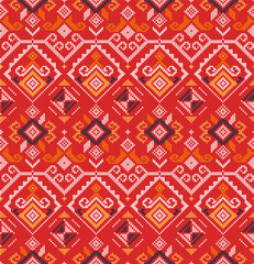 Poster - Filipino folk art Yakan weaving inspired vector seamless pattern on red background - geometric design perfect for textile or fabric print

