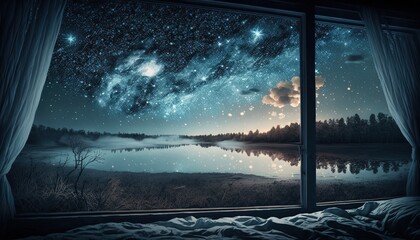 Wall Mural - galaxy sky view through big bedroom windows, midnight time, idea for imagination and dream concept, Generative Ai	

