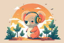 Happy Koala Listening To Music On Headphones On A Sunny Day At The Beach. Vacation Concept. Generative AI