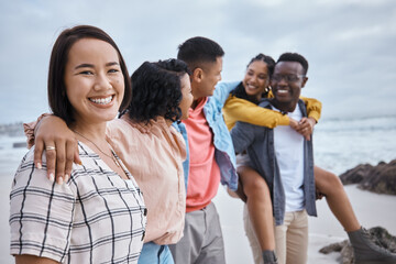 Poster - Asian woman, portrait and smile of friends at beach, ocean and outdoor nature for fun, happiness and travel. Diversity of happy young people at sea for holiday, vacation and relaxing weekend together