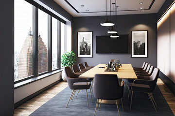 interior of chic empty meeting room in office on top floor of skyscr in new york
