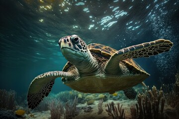 Underwater sea turtle strange marine animal underwater turtle. Turtle swims underwater among coral reefs. Generative AI