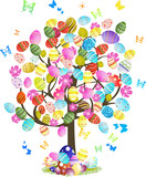 Fototapeta  - Easter composition with a tree on which Easter eggs grow