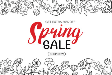 Wall Mural - spring sale banner with leaf and flower hand drawn on white background. poster sale up to 50% off.