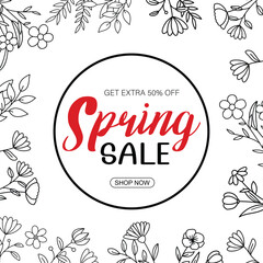 Wall Mural - spring sale banner with leaf and flower hand drawn on white background. poster sale up to 50% off.