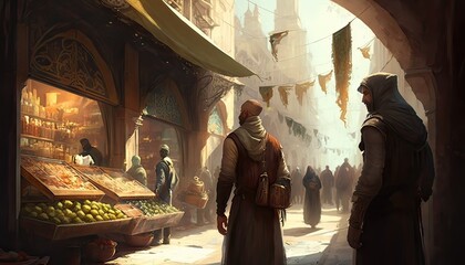 Wall Mural - Nimble thief stealing a valuable gem from a wealthy merchant. The setting is a bustling city market filled with vendors and shoppers. Illustration fantasy by generative IA