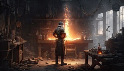 Canvas Print - Dwarf blacksmith crafting a masterful weapon. The environment is a bustling forge filled with the sounds of clanging metal and the smell of burning coal. Illustration fantasy by generative IA