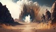 Barren wasteland with jagged rocks and boiling geysers. Illustration fantasy by generative IA