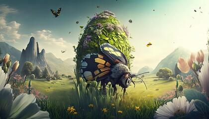 Canvas Print - Giant boar rampaging through a village. The background is a lush and green meadow dotted with fragrant flowers and buzzing insects. Illustration fantasy by generative IA