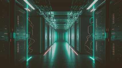 Futuristic featuring a long, modern server room hallway, this video offers a glimpse into the technology that powers our lives