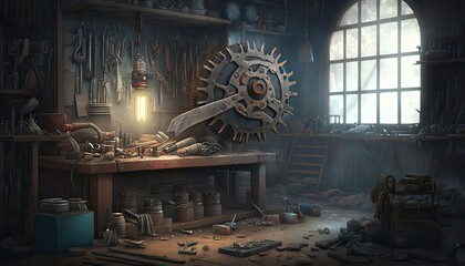 Sticker - Busy and well-organized workshop filled with hammers, saws, and gears. Illustration fantasy by generative IA