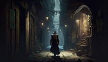 Goblin Assassin Sneaking Up On His Target. The Setting Is A Dark And Creepy Alley Filled With Shadows And Strange Noises. Illustration Fantasy By Generative IA