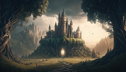 Sticker - Sprawling castle surrounded by rolling hills and verdant fields. Illustration fantasy by generative IA