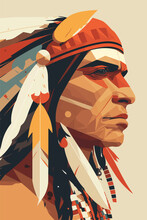 Native American Indian Man With Feathers In Profile, Vector Illustration