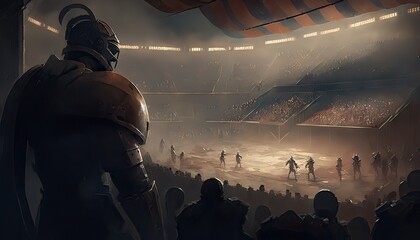 Canvas Print - Fierce gladiator battling for his freedom in the arena. The environment is a crowded and bustling arena filled with cheering onlookers and sweating combatants. Illustration fantasy by generative IA