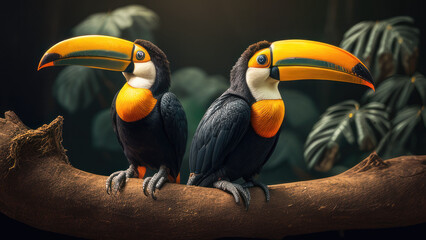 Wall Mural - two toucan tropical bird sitting on a tree branch in natural wildlife environment in rainforest jung