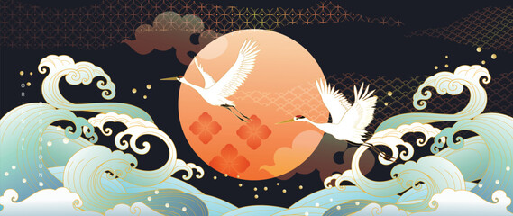 Luxury abstract oriental pattern background vector. Elegant japanese pattern gold line art design with crane birds and ocean wave water splash. Design illustration for home decoration, card, poster.
