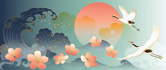 Wall Mural - luxury abstract oriental pattern background vector. elegant japanese pattern gold line art design wi