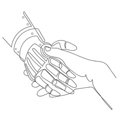Wall Mural - Robot or cyborg arm and hand human handshake continuous line drawing vector line icon logo template.Touch Technological concept.Cyber communication and robotic.Biomechanical hand,modern prosthetics