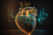 Illustration of blue hologram of heart and heart beat pulse.