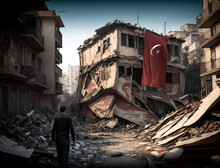Survivor Man Walking Among Earthquake Damaged Buildings With National Turkey Flag On Ruins, Dramatic Atmosphere Of Damaged District Of City By Strong Tremor. Ruins With Red Turkish Flag, Generative AI