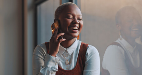 Poster - Phone call, communication and black woman laughing in office. Business, cellphone and happy female employee speaking, chatting and networking with comic, comedy or funny contact in company workplace.