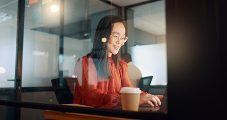 Poster - Laptop, night office and Asian woman typing email, sales proposal or finishing project deadline. Computer, tech and happy female employee working late in dark workplace, researching or writing report