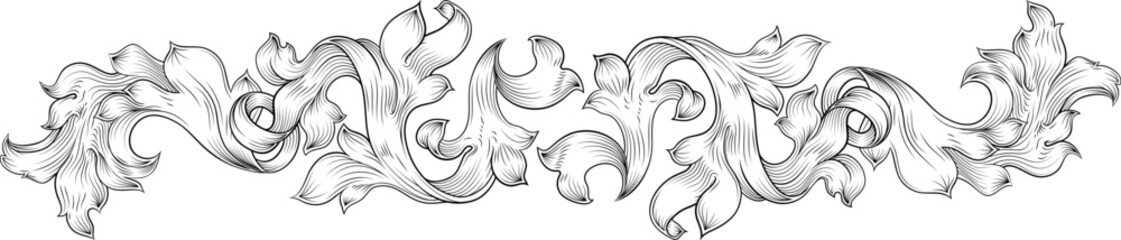 A crest or coat of arms filigree scroll heraldic or heraldry border band floral pattern design. Like that from a medieval baroque royal crest, in a woodcut etching style
