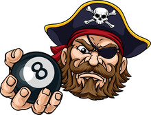 A Pirate Angry Mean Pool Billiards Mascot Cartoon Character Holding A Black 8 Ball.