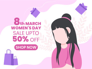 Wall Mural - A young cute women illustration on pink background for 8 March happy Women's Day sale.